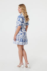 Printed Tie Waist 1/2 Sleeve Short Dress