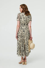 Printed Ruched Front V-Neck Midi Dress