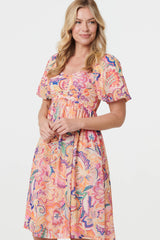 Abstract Ruched Empire Knee Length Dress