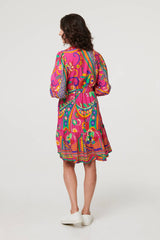 Printed Tie Waist Tiered Short Dress