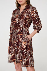 Animal Print Tie Waist Shirt Short Dress