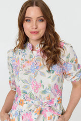 Floral Tie Waist Puff Sleeve Short Dress