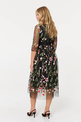 Floral Embroidered Mesh Midi Dress