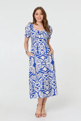 Printed Puff Sleeve A-Line Midi Dress