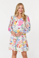 Floral Long Sleeve Tiered Short Dress