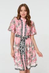 Border Print Tie Waist Short Dress