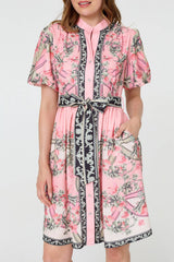 Border Print Tie Waist Short Dress