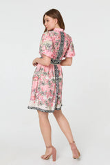 Border Print Tie Waist Short Dress