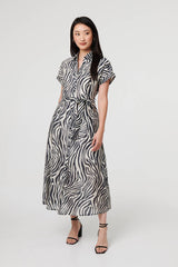 Zebra Print Tie Waist Midi Shirt Dress