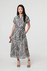 Zebra Print Tie Waist Midi Shirt Dress