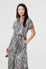 Zebra Print Tie Waist Midi Shirt Dress