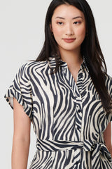 Zebra Print Tie Waist Midi Shirt Dress