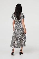 Zebra Print Tie Waist Midi Shirt Dress