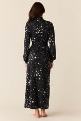 Skyler Cloud Jersey Banded Long Robe in Black Stars