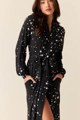Skyler Cloud Jersey Banded Long Robe in Black Stars