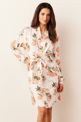 Quinn Cloud Jersey Banded Short Robe in Peaches & Cream
