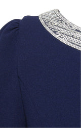 Embellished Stretch Crepe Dress with Elbow Sleeves and Cascade Detail Skirt
