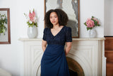 Long Empire Waist Dress with Soutache Bodice, Puff Sleeve Detail and Cascade Ruffle Skirt