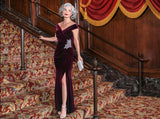 Off the Shoulder Velvet Gown With Surplice Sweetheart Neckline, Beaded Hip Detail and Front Slit