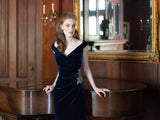 Off the Shoulder Velvet Gown With Surplice Sweetheart Neckline, Beaded Hip Detail and Front Slit